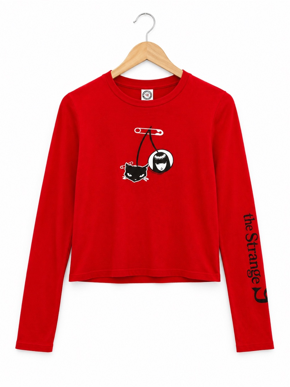 Emily the Strange Red Long Sleeve Graphic Tee Black Cat Women’s Size L Y2K Emo